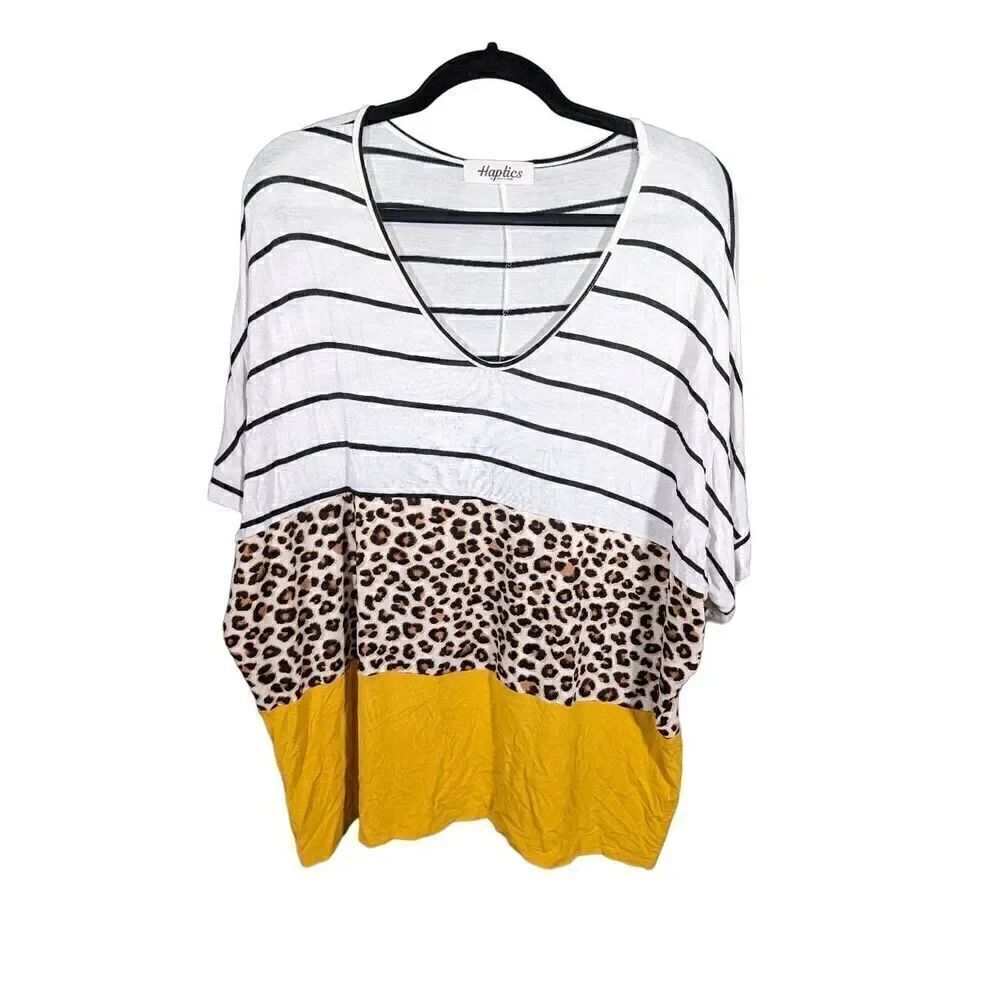 Haptics Striped & Leopard Print Batwing Sleeve Tee
